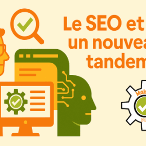 Illustration vectorielle représentant le concept “Le SEO et l’IA, un nouveau tandem”, avec un humain et une intelligence artificielle travaillant ensemble sur l’optimisation du référencement web, aux couleurs MaketoPub (vert et orange).