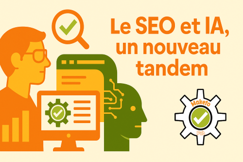 Illustration vectorielle représentant le concept “Le SEO et l’IA, un nouveau tandem”, avec un humain et une intelligence artificielle travaillant ensemble sur l’optimisation du référencement web, aux couleurs MaketoPub (vert et orange).