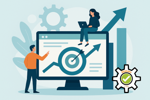 alt="Illustration d'un site internet orienté résultats avec courbe de performance, cible et logo MaketoPub"