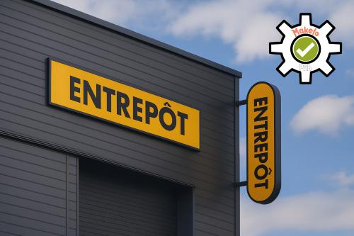 Façade d’un bâtiment industriel avec enseigne fronton et drapeau, illustrant la signalétique extérieure pour professionnels - MaketoPub