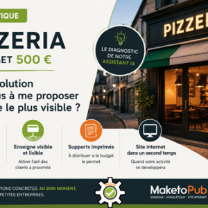 Illustration d'un cas pratique MaketoPub présentant les actions prioritaires pour rendre une pizzeria plus visible avec un budget de 500 €.