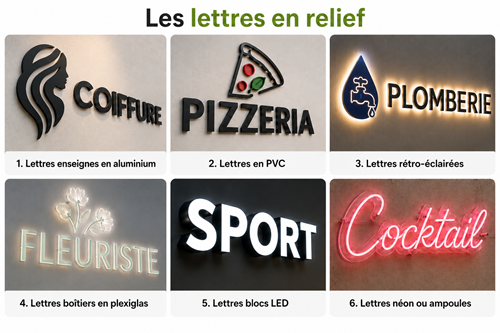 Exemples de lettres enseignes en aluminium, PVC, rétro-éclairées, boîtiers, LED et néon