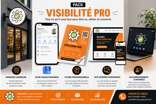 image des éléments du pack pro enseigne, fiche Google,flyer avec QR code, site internet